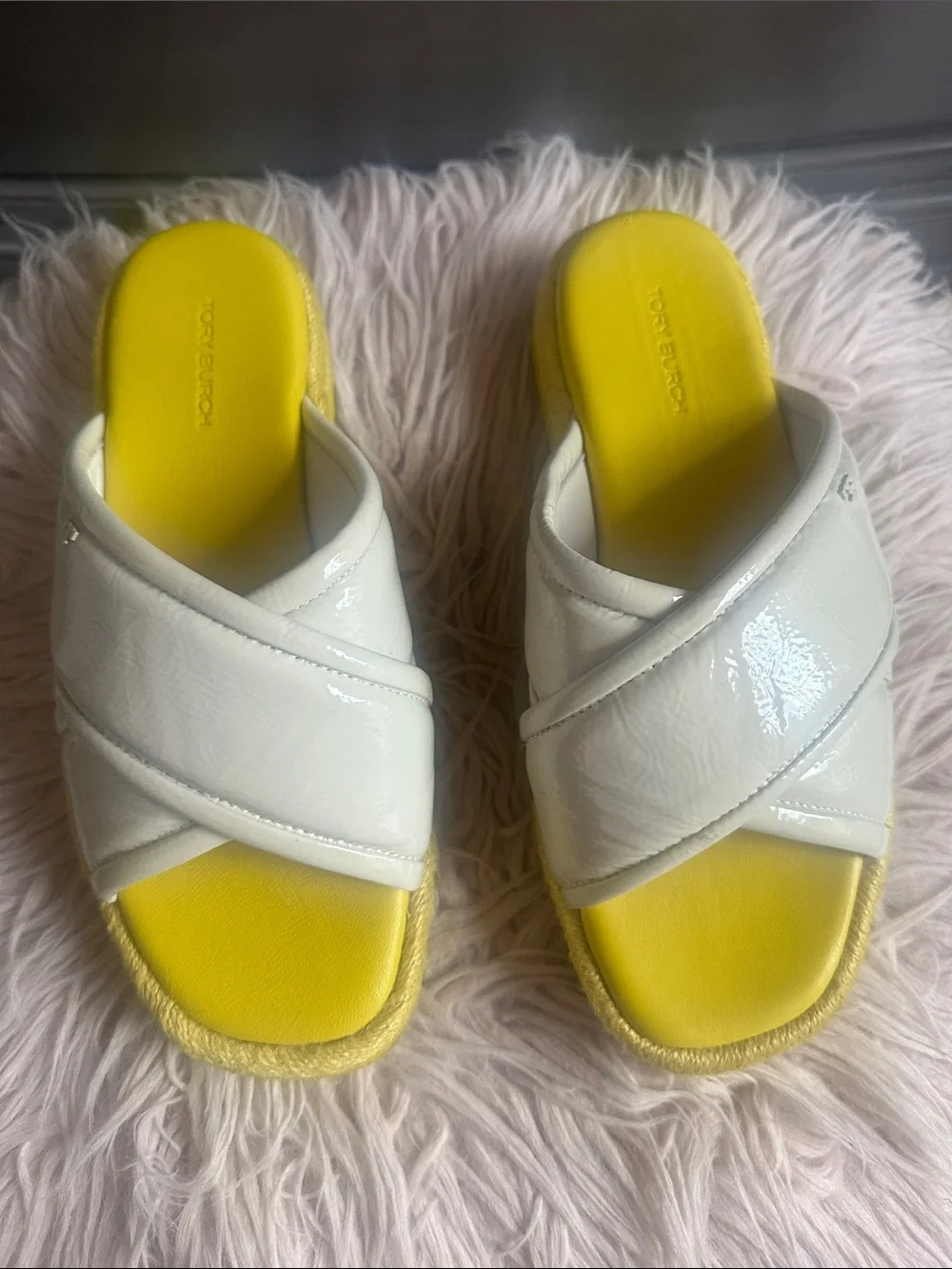 Tory Burch White Patent Crisscross Slide Sandals with Yellow Footbed